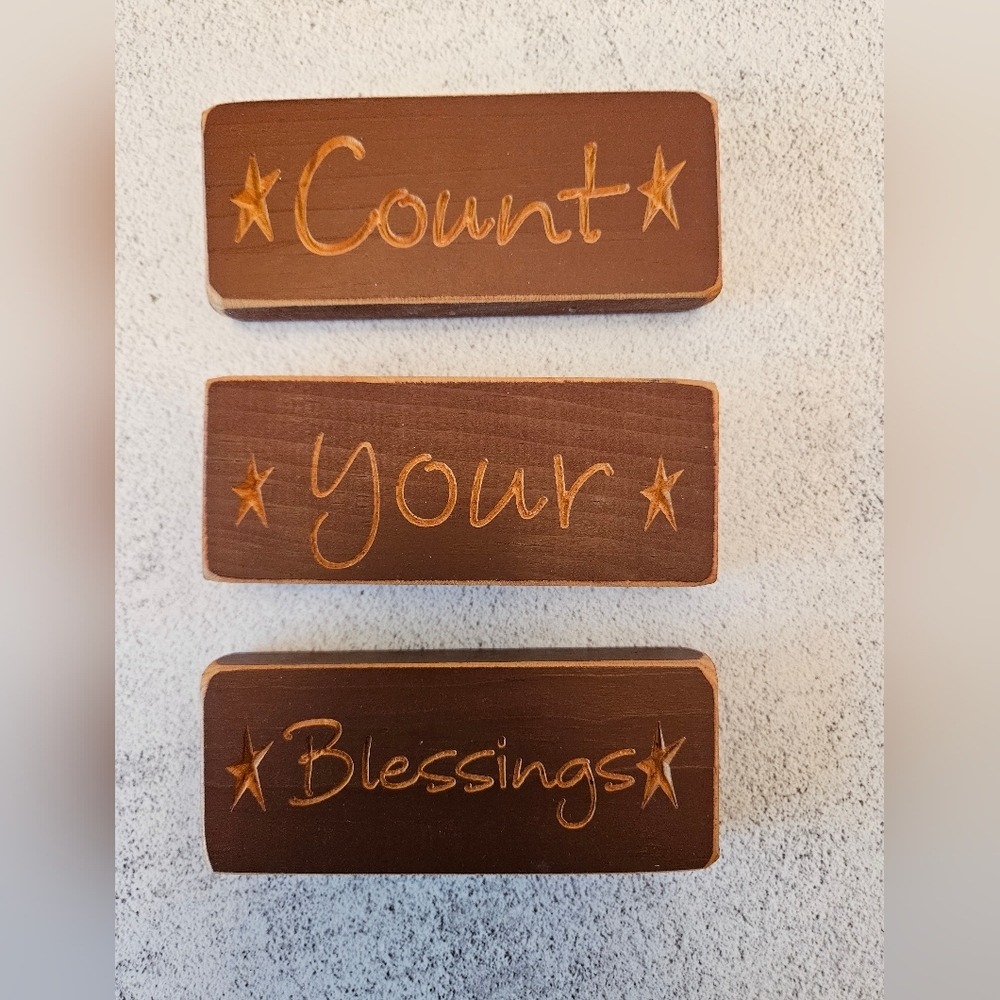 Charming Handmade Burgundy Wooden Block Set "Count Your Blessings" Vintage